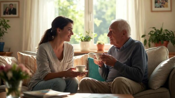 Polski opiekun rozmawia z seniorem w komfortowym domu w Niemczech, ilustrując brak bariery językowej.