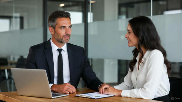 Menedżer rozmawiający z pracownikiem podczas rocznej oceny wydajności w biurze.