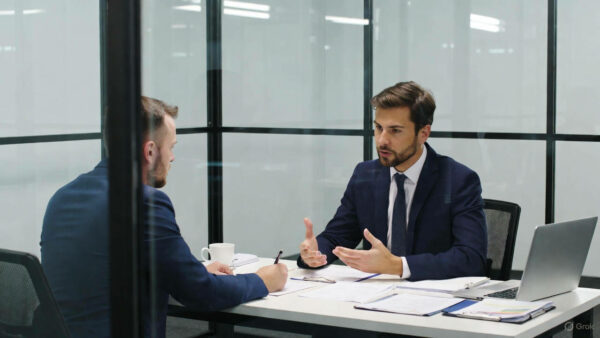 Ofiara mobbingu podczas rozmowy z pracownikiem działu HR lub prawnikiem.