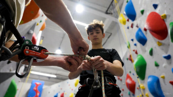 Instruktor wspinaczki tłumaczący uczniowi zasady bezpieczeństwa na ściance wspinaczkowej.