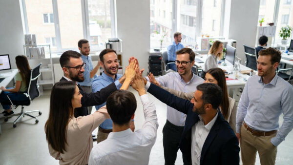 Uśmiechnięty i zmotywowany do pracy zespół pracowników w nowoczesnym biurze