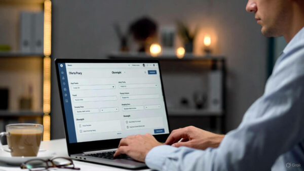 Widok zza ramienia na rekrutera tworzącego skuteczne ogłoszenie o pracę na laptopie w biurze.