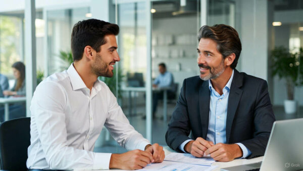 Pracownik pewnie rozmawia z szefem o podwyżce w nowoczesnym biurze podczas spotkania.