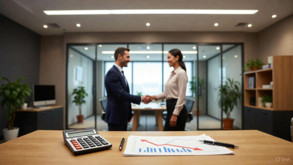 Kalkulator i wykres spadkowy na biurku symbolizujący minimalizowanie kosztów rekrutacji w firmie.