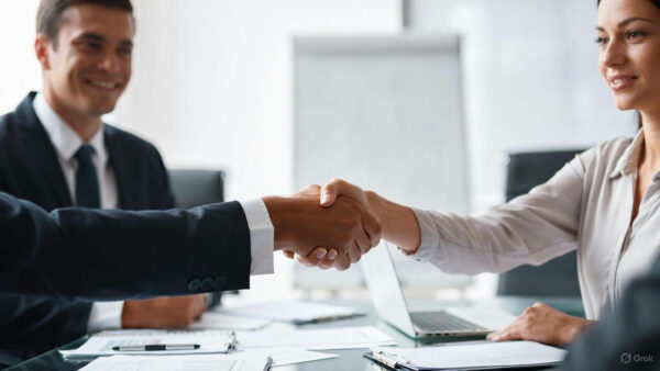 Uścisk dłoni rekrutera i kandydata podczas rozmowy kwalifikacyjnej w sali konferencyjnej.