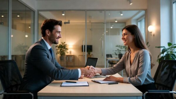 Profesjonalny uścisk dłoni między kandydatem do pracy a rekruterem na początku rozmowy kwalifikacyjnej.