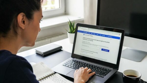 Kobieta weryfikująca numer KRAZ agencji pracy na laptopie przed wyjazdem za granicę.