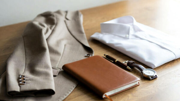 Elegancki strój na rozmowę o pracę ułożony na drewnianym tle.