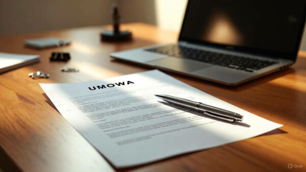 Wzór umowy o dzieło z przeniesieniem praw autorskich leżący na biurku freelancera.